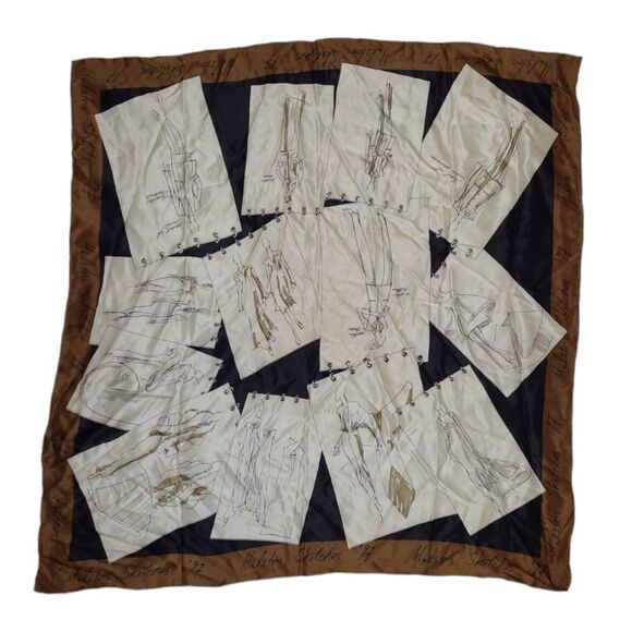 VINTAGE 90s Halston sketches 1997 silk hand rolled edges brown large scarf 32x32 - Picture 3 of 10